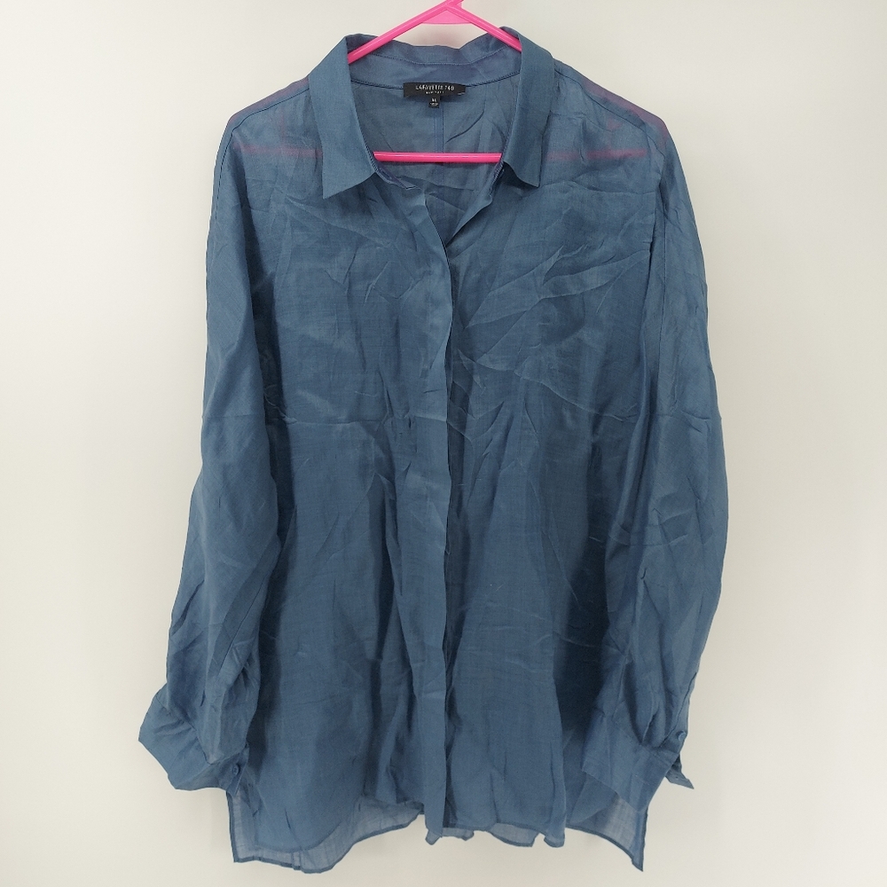 Lafayette 148 New York Blue Oversized Lightweight Button Front Shirt Size XL